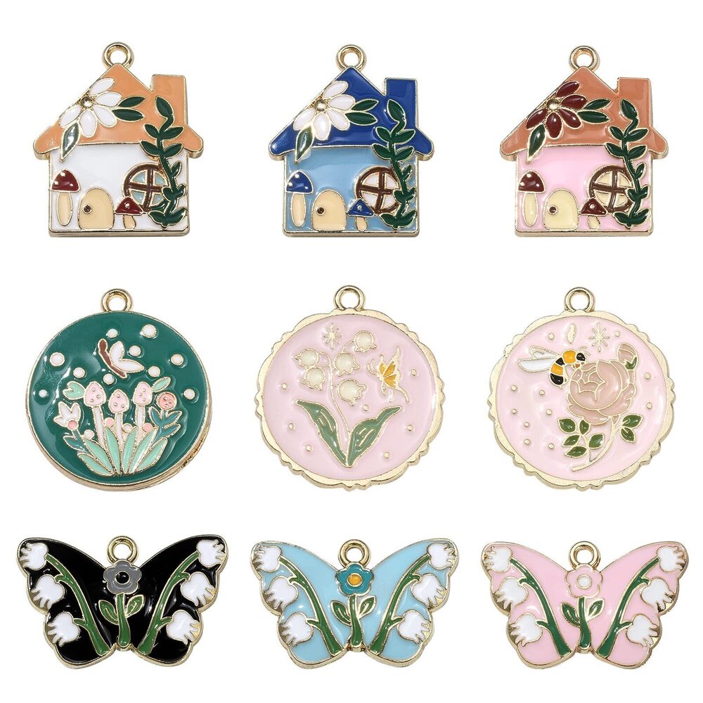 2918 45pcs 9 Styles Enamel Spring Plant Floral Charms for Jewelry Making